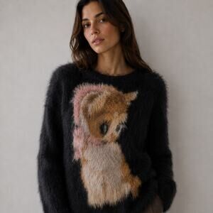 Prod Bldg Kitty Fluffy Sweater Womens S Black Knit Long Sleeve Oversized